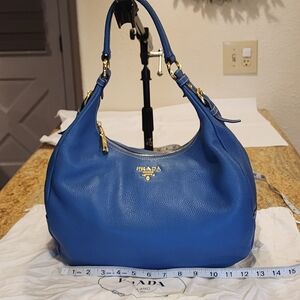 PRADA Vitello Daino Blue Leather Hobo Bag BR4311 Handbag Brass Trim W Duster